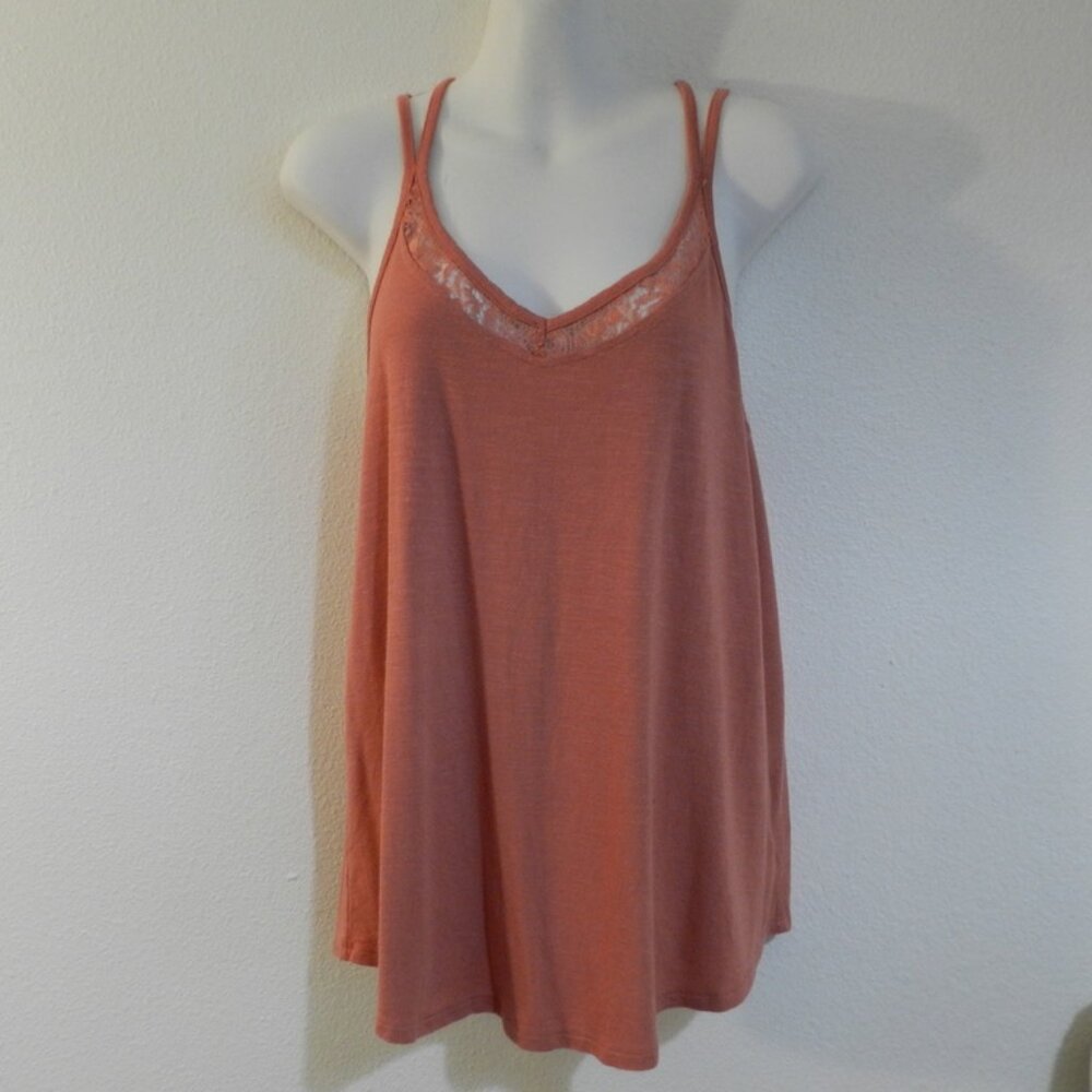 Hippie Rose V neck lace inset, strappy, flowy rayon/spandex tank top, coral.